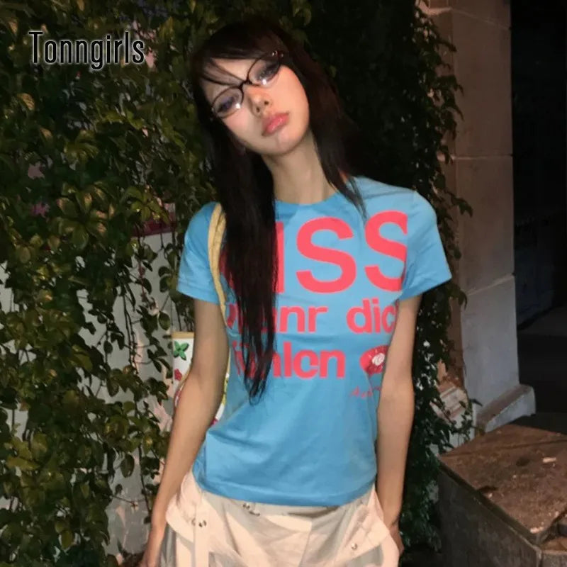 Tonngirls Y2k Print Letter T Shirt Women